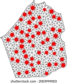 Mesh polygonal map of Dubai Emirate under outbreak. Vector model is created from map of Dubai Emirate with red infectious centers. Lines and viruses are combined into map of Dubai Emirate.