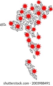 Mesh polygonal map of Faroe Islands under infection. Vector model is created from map of Faroe Islands with red virus items. Lines and viruses are combined into map of Faroe Islands.