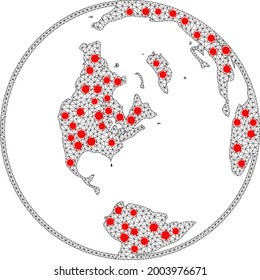 Mesh polygonal Karte der globalen Welt unter Infektion. Vektorstruktur wird aus einer Karte der globalen Welt mit roten infektiösen Elementen erstellt. Linien und Viren werden zu einer Weltkarte zusammengefasst.