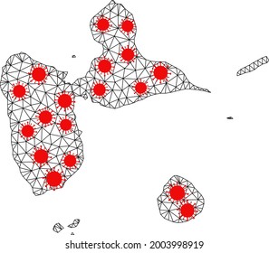 Mesh Polygonal Karte von Guadeloupe unter Schließung. Vektor-Modell wird aus Karte von Guadeloupe mit roten infektiösen Knoten erstellt. Linien und Viren werden zu einer Karte von Guadeloupe zusammengefasst.