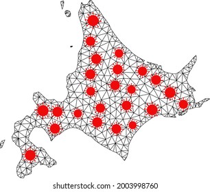 Mesh polygonal map of Hokkaido Island under infection. Vector model is created from map of Hokkaido Island with red infection centers. Lines and viruses form map of Hokkaido Island.