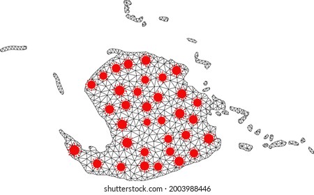 Mesh polygonal map of Juventud Island under lockdown. Vector structure is created from map of Juventud Island with red virus centers. Lines and viruses are combined into map of Juventud Island.