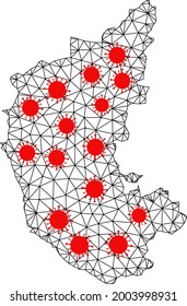 Mapa poligonal en malla del estado de Karnataka bajo bloqueo. La estructura vectorial se crea a partir del mapa del estado de Karnataka con elementos del coronavirus rojo. Las líneas y los virus se combinan en el mapa del estado de Karnataka.