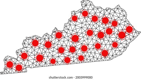 Mesh polygonal map of Kentucky State under outbreak. Vector model is created from map of Kentucky State with red covid centers. Lines and viruses form map of Kentucky State.
