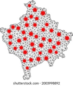 Mapa poligonal de malla de Kosovo bajo estallido. La estructura vectorial se crea a partir del mapa de Kosovo con centros de infección roja. Líneas y virus forman un mapa de Kosovo.
