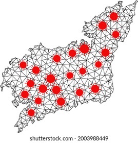Mesh polygonal map of La Coruna Province under infection. Vector structure is created from map of La Coruna Province with red infection nodes. Lines and viruses form map of La Coruna Province.