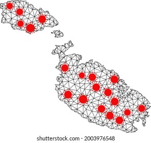 Mesh polygonal map of Malta under infection. Vector model is created from map of Malta with red infection centers. Lines and viruses form map of Malta.