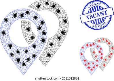 Mesh marcadores de mapa poligonal iconos ilustración en estilo de infección y sello Vacant redondo color azul grueso. El modelo Carcass se basa en el icono de marcadores de mapa con centros de infección negros y rojos.