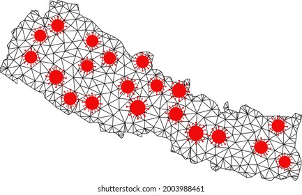 Mesh polygonal map of Nepal under outbreak. Vector model is created from map of Nepal with red coronavirus centers. Lines and viruses are combined into map of Nepal.