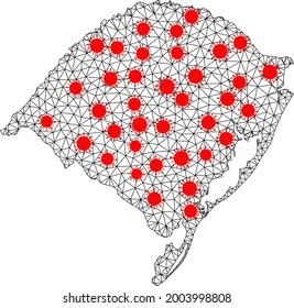 Mapa poligonal de malla del estado de Rio Grande do Sul bajo bloqueo. La estructura vectorial se crea a partir del mapa del estado de Rio Grande do Sul con elementos del virus rojo.