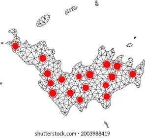 Mesh polygonal map of Saint Barthelemy under outbreak. Vector structure is created from map of Saint Barthelemy with red covid elements. Lines and viruses are combined into map of Saint Barthelemy.