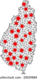 Mesh Polygonal Karte von Saint Lucia Insel unter Schließung. Vektormodell wird aus Karte von Saint Lucia Insel mit roten Infektionszentren erstellt. Linien und Viren bilden eine Karte der Insel Saint Lucia.