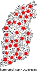 Mesh polygonal map of Shanxi Province under infection. Vector structure is created from map of Shanxi Province with red infection items. Lines and viruses are combined into map of Shanxi Province.