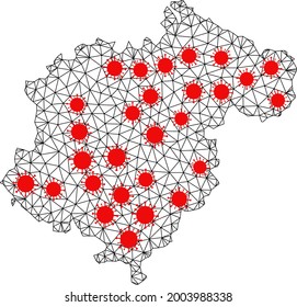 Mesh polygonal map of Teruel Province under outbreak. Vector structure is created from map of Teruel Province with red covid elements. Lines and viruses form map of Teruel Province.