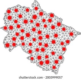 Mapa poligonal de malla del estado de Uttarakhand bajo bloqueo. La estructura vectorial se crea a partir del mapa del estado de Uttarakhand con elementos del coronavirus rojo. Las líneas y los virus forman un mapa del estado de Uttarakhand.