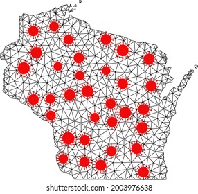 Mesh polygonal map of Wisconsin State under lockdown. Vector model is created from map of Wisconsin State with red covid elements. Lines and viruses form map of Wisconsin State.