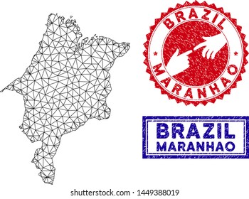 Mesh polygonal Maranhao State map and grunge seal stamps. Abstract lines and dots form Maranhao State map vector model. Round red stamp with connecting hands.