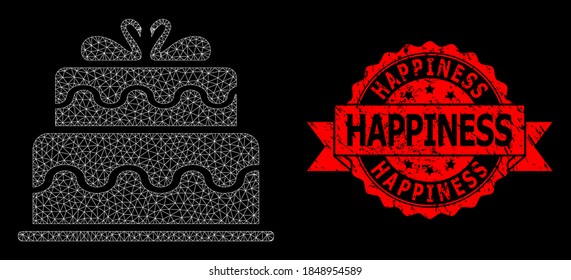 Mesh polygonal marriage cake on a black background, and Happiness grunge ribbon stamp seal. Red stamp seal includes Happiness title inside ribbon.