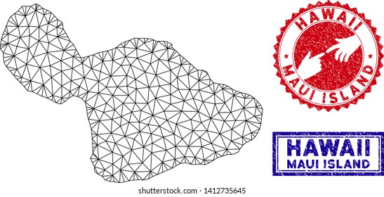 Mesh polygonal Maui Island map and grunge seal stamps. Abstract lines and spheric points form Maui Island map vector model. Round red stamp with connecting hands.