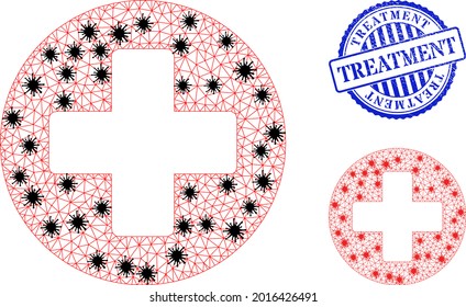 Mesh polygonal medicine icons illustration with lockdown style, and rubber blue round Treatment stamp seal. Model is created from medicine icon with black and red virus centers.