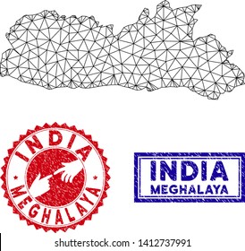 Mesh polygonal Meghalaya State map and grunge seal stamps. Abstract lines and points form Meghalaya State map vector model. Round red stamp with connecting hands.