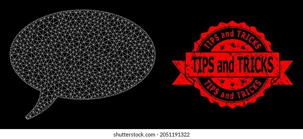 Mesh polygonal message cloud on a black background, and Tips and Tricks scratched ribbon seal. Red seal has Tips and Tricks caption inside ribbon.