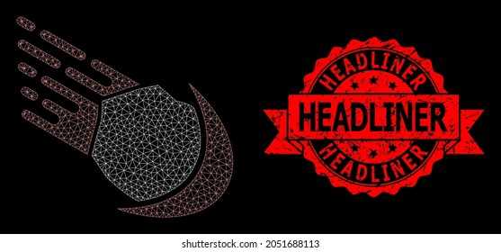 Mesh polygonal meteor on a black background, and Headliner textured ribbon stamp seal. Red seal has Headliner title inside ribbon. Vector constellation created from meteor icon with mesh.