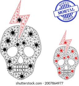 Mesh polygonal mortal electricity icons illustration with infection style, and distress blue round Mortal stamp seal.