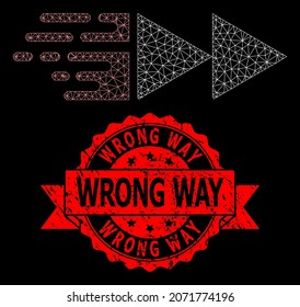 Mesh polygonal move on a black background, and Wrong Way rubber ribbon watermark. Red seal has Wrong Way title inside ribbon. Vector constellation created from move icon with mesh.