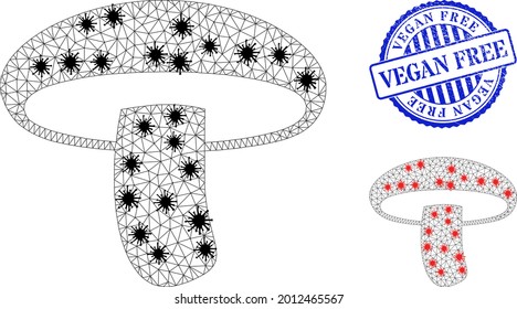 Mesh polygonal mushroom symbols illustration in outbreak style, and rubber blue round Vegan Free stamp seal. Model is created from mushroom icon with black and red virus centers.