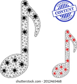 Mesh polygonal music note icons illustration in infection style, and textured blue round Content badge. Abstraction is created from music note icon with black and red coronavirus items.