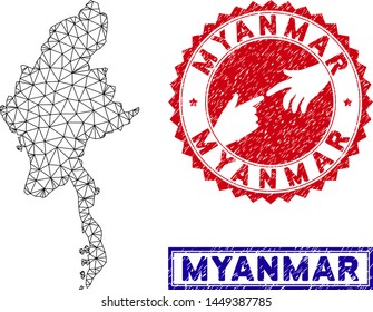 Mesh polygonal Myanmar map and grunge seal stamps. Abstract lines and small circles form Myanmar map vector model. Round red stamp with connecting hands.