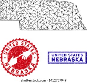 Mesh polygonal Nebraska State map and grunge seal stamps. Abstract lines and small circles form Nebraska State map vector model. Round red stamp with connecting hands.