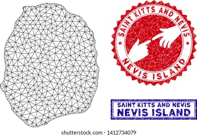 Mesh polygonal Nevis Island map and grunge seal stamps. Abstract lines and circle dots form Nevis Island map vector model. Round red stamp with connecting hands.