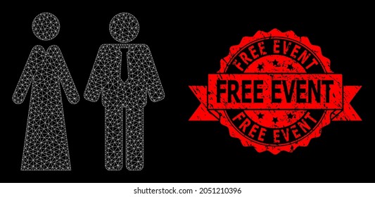 Mesh polygonal newlyweds on a black background, and Free Event textured ribbon seal. Red stamp seal has Free Event text inside ribbon. Vector model created from newlyweds icon with mesh.