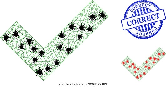 Mesh polygonal Okay symbols illustration in outbreak style, and distress blue round Correct badge. Model is based on Okay icon with black and red infectious elements.