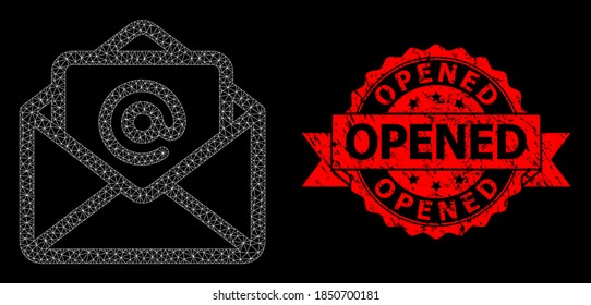 Mesh polygonal open email on a black background, and Opened scratched ribbon watermark. Red stamp has Opened text inside ribbon. Vector constellation created from open email icon with mesh.