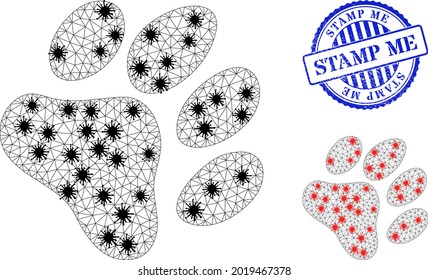 Mesh polygonal paw footprint symbols illustration in infection style, and grunge blue round Stamp Me stamp seal. Abstraction is created from paw footprint icon with black and red infection centers.