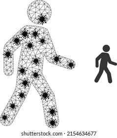 Mesh polygonal pedestrian man icon illustration in lockdown style. Model is created from pedestrian man icon with black virus centers.
