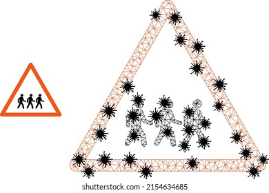 Mesh polygonal pedestrian men warning icon illustration with infection style. Abstraction is created from pedestrian men warning icon with black infection items.