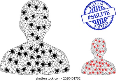 Mesh polygonal person profile icons illustration and outbreak style    distress blue round hashtag Selfie badge  Carcass model is created from person profile icon and black   red infectious