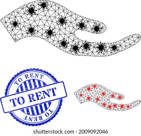 Mesh polygonal petition hand symbols illustration with outbreak style, and grunge blue round To Rent stamp seal. Model is based on petition hand icon with black and red coronavirus nodes.