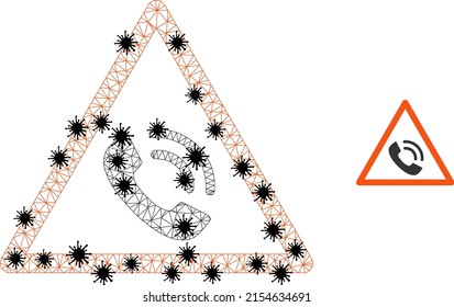 Mesh polygonal phone call warning icon illustration designed using outbreak style. Model is created from phone call warning icon with black infection elements.