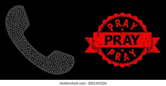 Mesh polygonal phone on a black background, and Pray unclean ribbon seal imitation. Red seal includes Pray caption inside ribbon. Vector model created from phone icon with mesh.