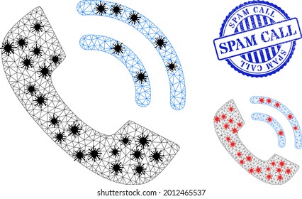 Icono de anillo de teléfono poligonal de malla con estilo de bloqueo y sello de llamada de spam redondo azul rascado. El modelo Carcass se basa en el icono del anillo telefónico con elementos de coronavirus negros y rojos.