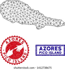 Mesh polygonal Pico Island map and grunge seal stamps. Abstract lines and circle dots form Pico Island map vector model. Round red stamp with connecting hands.
