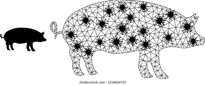 Mesh polygonal pig symbol illustration in lockdown style. Carcass model is based on pig icon with black Covid centers.