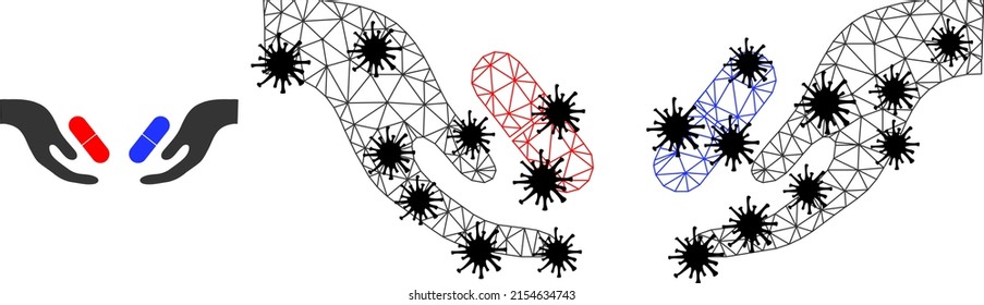 Icono de la elección de la píldora poligonal de malla diseñado con estilo de brote. El modelo de canal se basa en el icono de las manos de la píldora con elementos de infección negros.