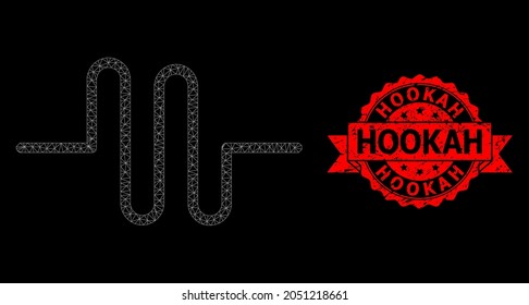 Mesh polygonal pipeline on a black background, and Hookah unclean ribbon stamp. Red stamp contains Hookah caption inside ribbon. Vector constellation created from pipeline icon with mesh.
