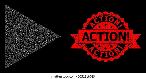 Mesh polygonal play function on a black background, and Action Exclamation corroded ribbon seal print. Red stamp seal includes Action Exclamation text inside ribbon.